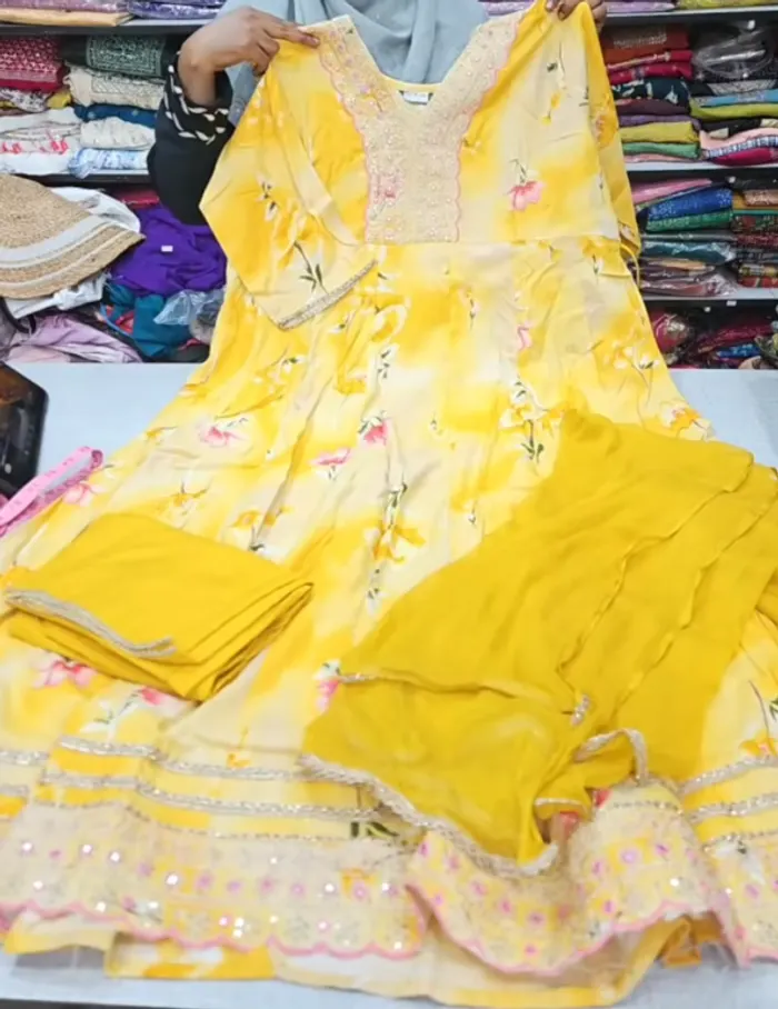 Rayon Long Anarkali Top Bottom Dupatta  | TS3259